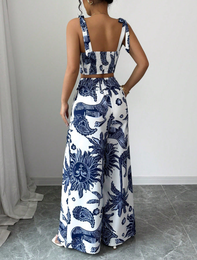 Sexy V-Neck Strap Vest & Wide-Leg Pants Set